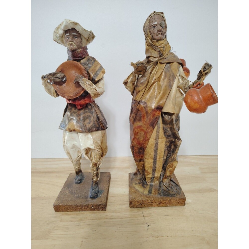 Vintage Mexican Paper Mache Folk Art Figures Old Man & Old Woman On Wood Base
